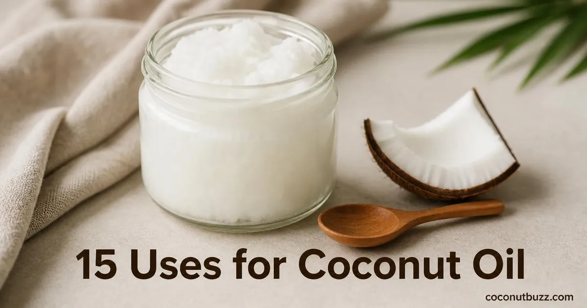 Clear glass jar of solid white coconut oil with wooden spoon and small piece of coconut shell on a neutral background