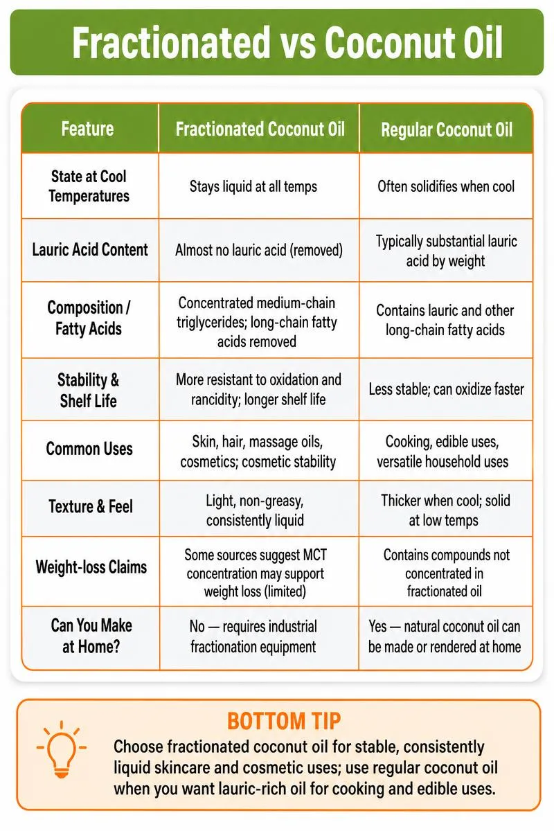 Infographic comparing fractionated coconut oil and regular coconut oil: state, lauric acid, uses, stability, texture, and one tip.