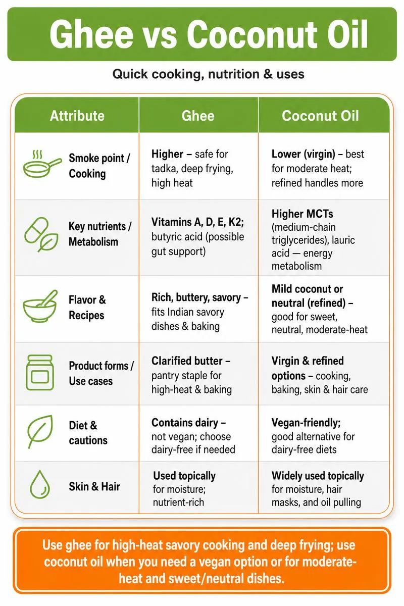 Comparison infographic: Ghee vs Coconut Oil - smoke point, nutrients, uses, diet tips; tip: ghee for high heat, coconut oil for vegan/sweet uses.