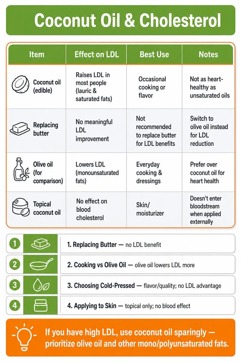Infographic titled 'Coconut Oil & Cholesterol' comparing coconut oil, butter, olive oil, topical use; tip: prefer olive oil for LDL.