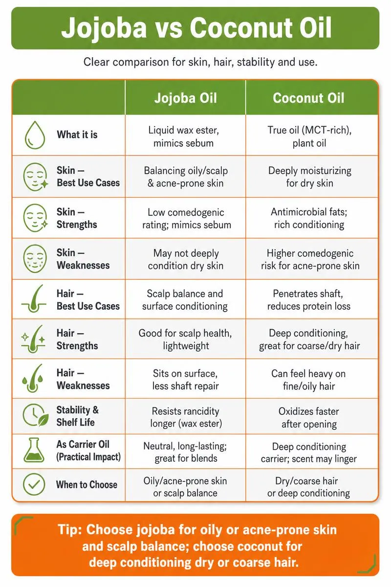 Side-by-side infographic comparing jojoba and coconut oil for skin, hair, stability; tip at bottom.