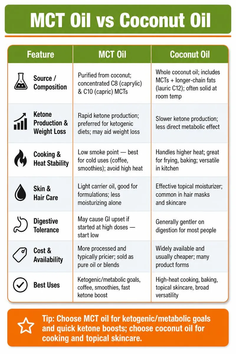 Infographic comparing MCT oil vs coconut oil: composition, ketones, cooking, skin care, digestion, cost; final tip at bottom.