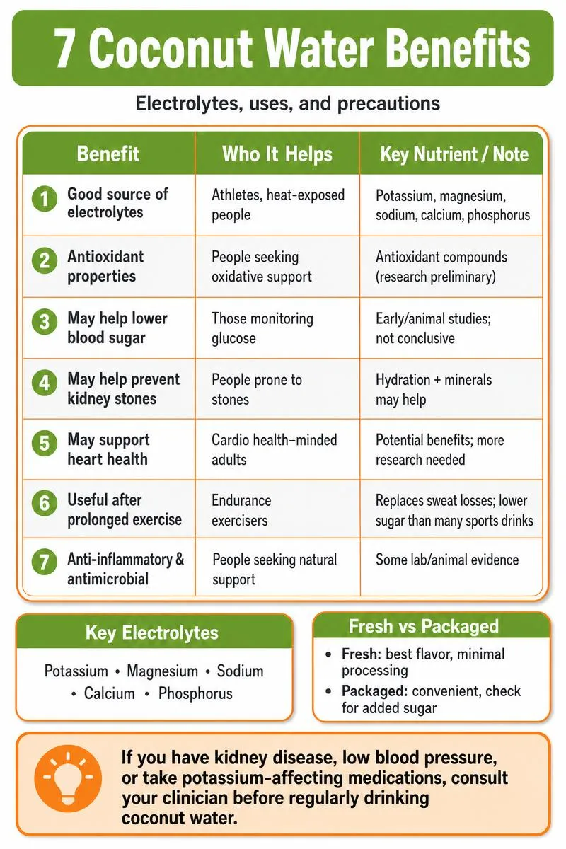 Infographic summarizing 7 coconut water benefits, key electrolytes, fresh vs packaged note, and a clinician consult tip.