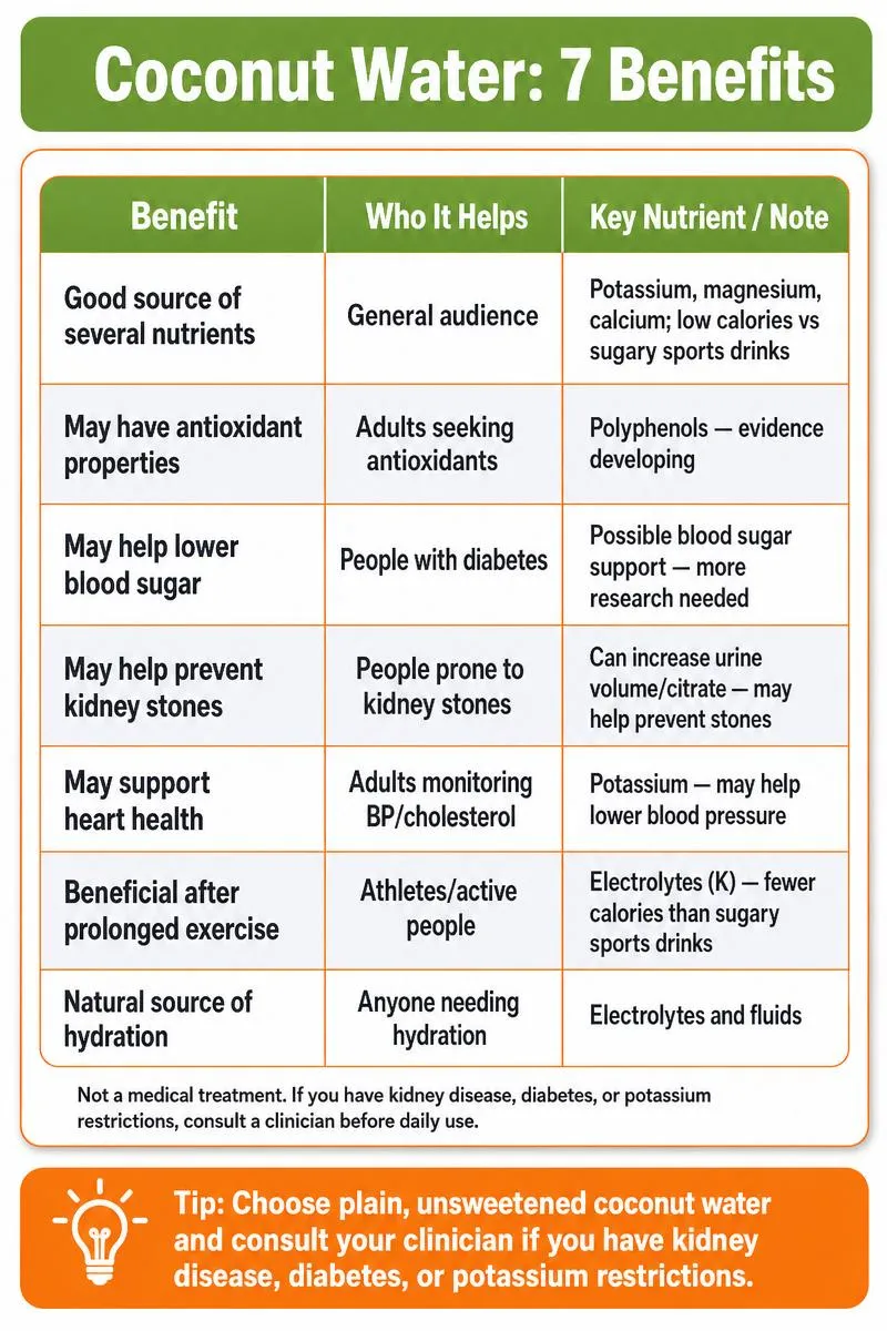 Infographic: Coconut Water—7 benefits table with who it helps, key nutrients, and tip to choose unsweetened and consult clinician.