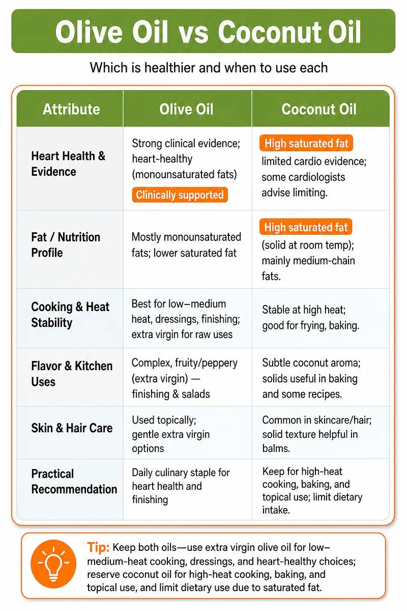 Infographic comparing olive oil and coconut oil: heart health, nutrition, cooking uses, skincare, and a bottom tip to use both oils.