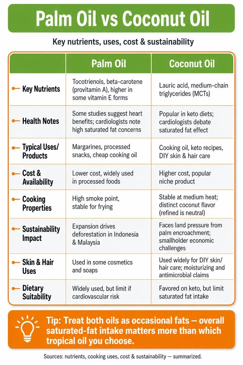 Comparison infographic of palm oil vs coconut oil: nutrients, uses, cost, sustainability, skin/hair, and final tip.