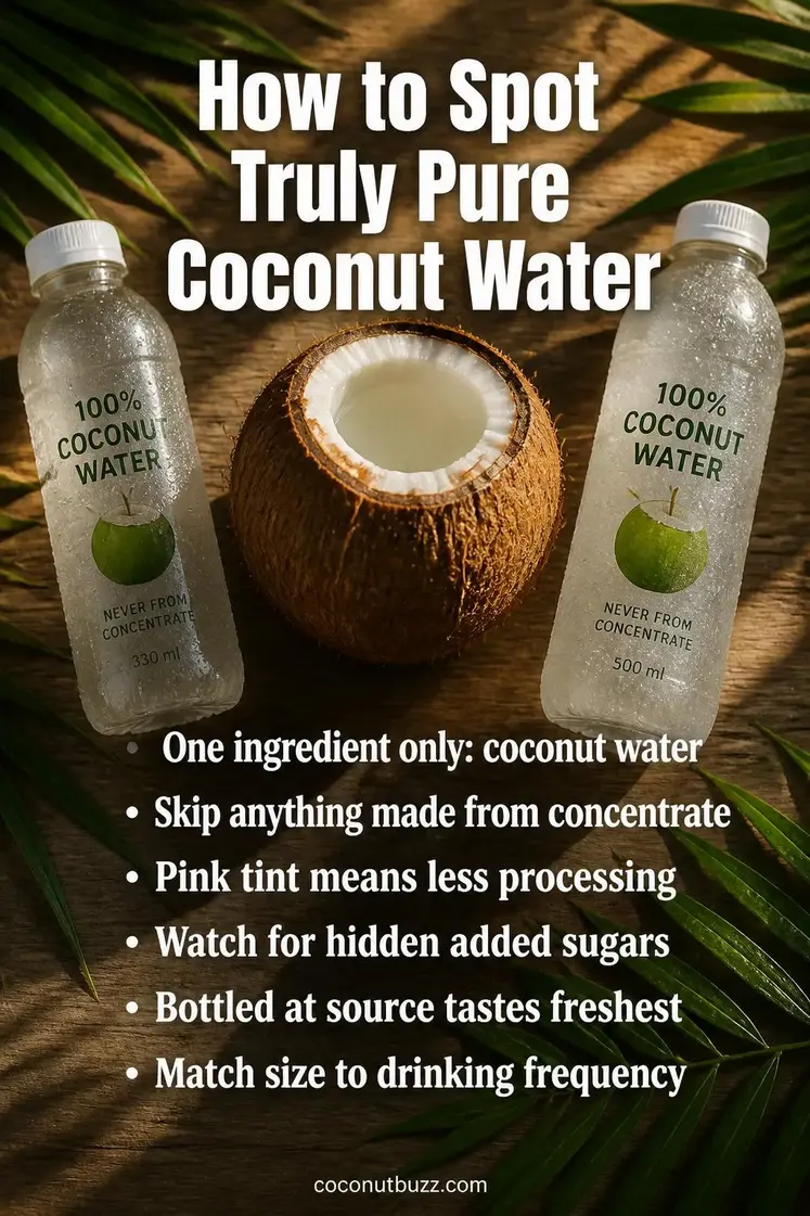 Two clear condensation-covered coconut water bottles beside a cracked brown coconut and green palm leaves on a warm light wood surface with natural sunlight - pure coconut water