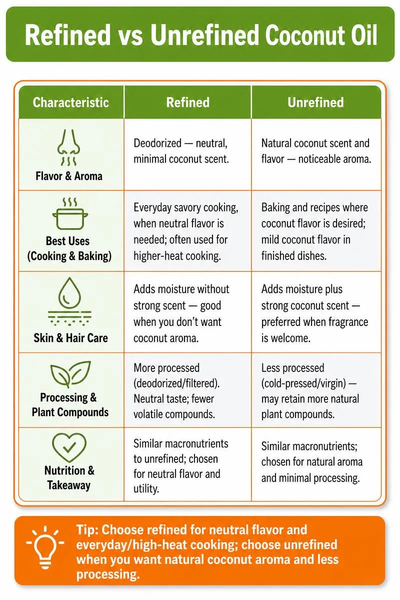 Infographic comparing refined and unrefined coconut oil: flavor, uses, skin/hair, processing, and final tip.