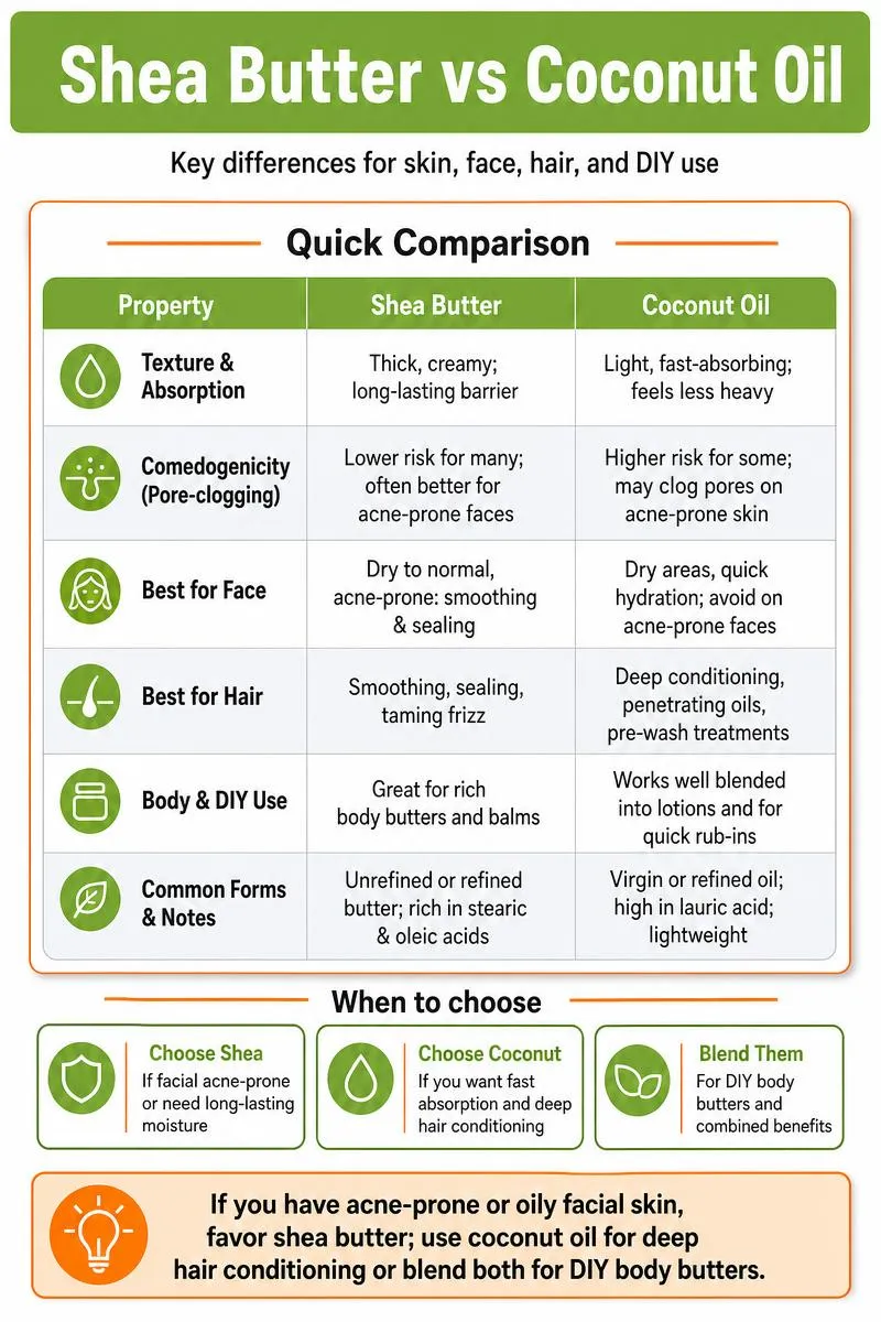 Infographic comparing shea butter and coconut oil: benefits, uses for face/hair/body, and one actionable tip.