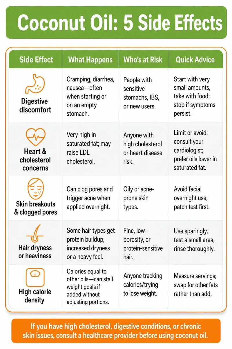 Infographic summarizing 5 coconut oil side effects with table and tip: consult provider if you have cholesterol or chronic issues.