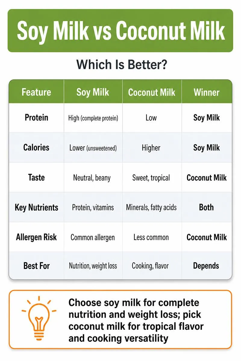 Soy Milk vs Coconut Milk comparison infographic showing nutrition, taste, calories, and best use differences
