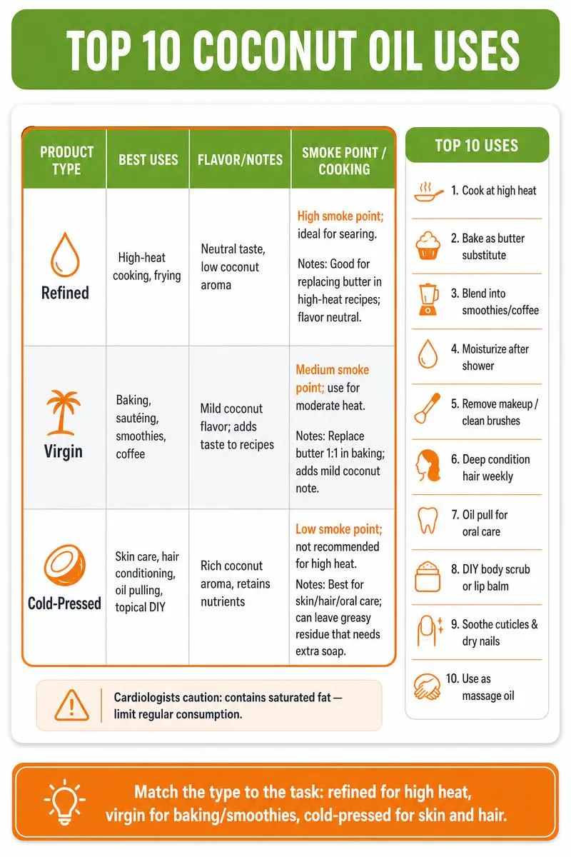 Comparison of refined, virgin, cold-pressed coconut oil with top 10 uses and one-line matching tip.