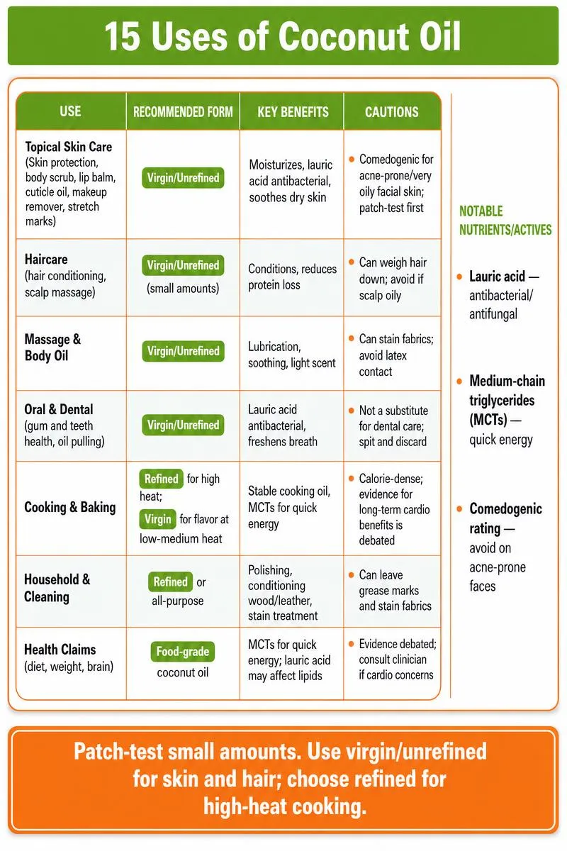 Infographic comparing 15 coconut oil uses—recommended form, benefits, cautions—with a bold tip at the bottom.