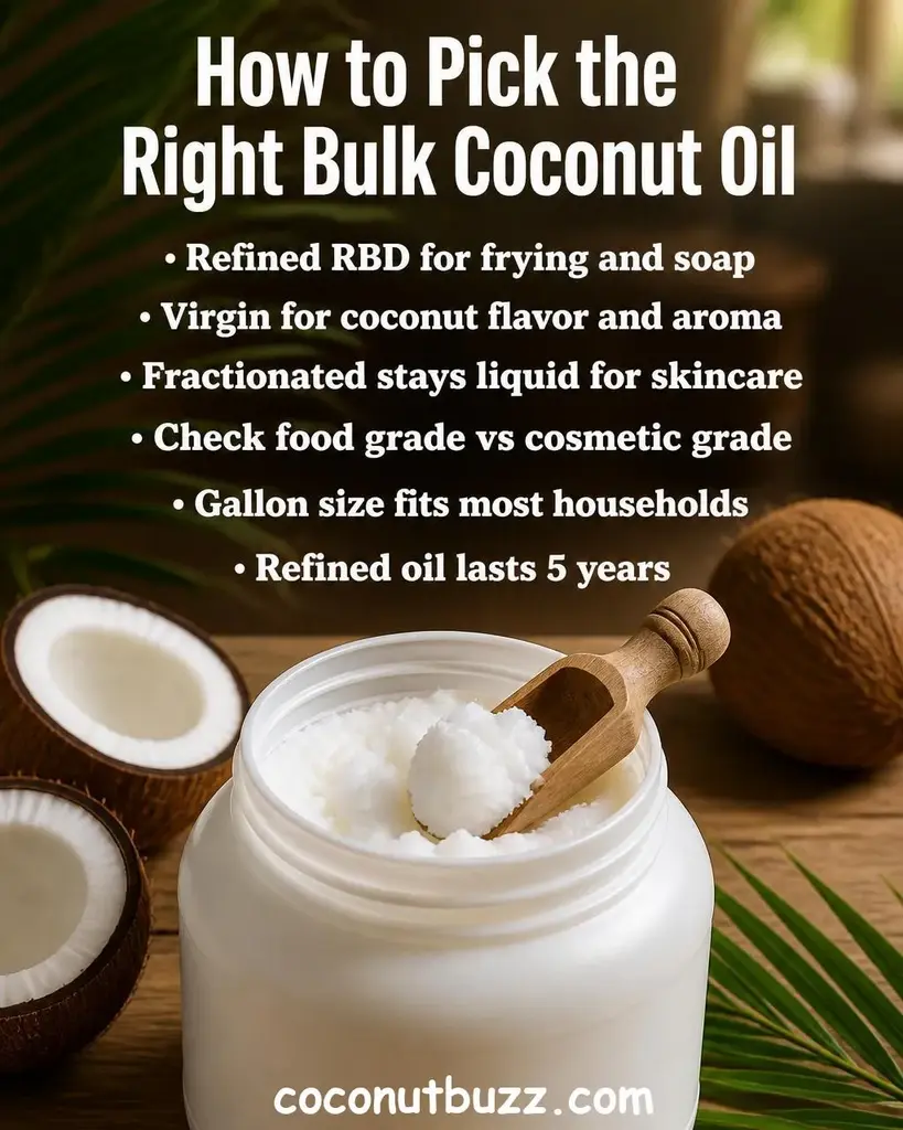 Large open gallon jar of white coconut oil with wooden scoop, halved coconuts showing white flesh, green palm leaf on warm light wood surface with soft natural light - best bulk coconut oil