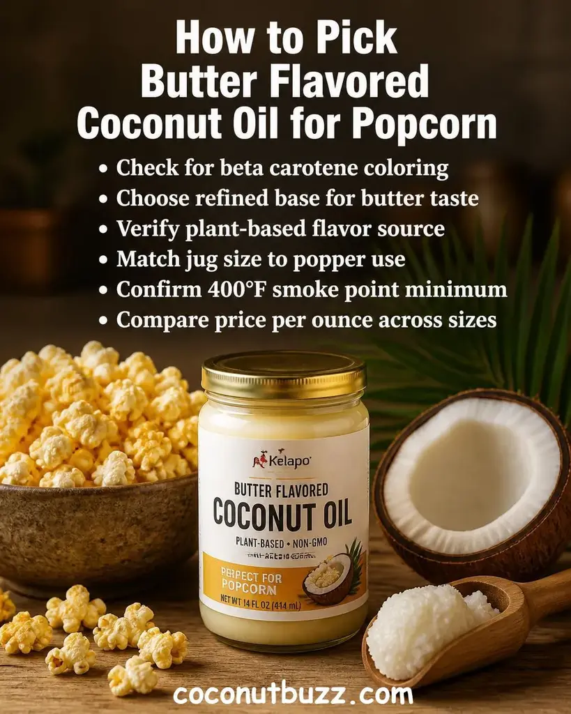 Jar of butter flavored coconut oil beside a bowl of golden popcorn, halved coconut, and green palm leaf on warm light wood surface - butter flavored coconut oil