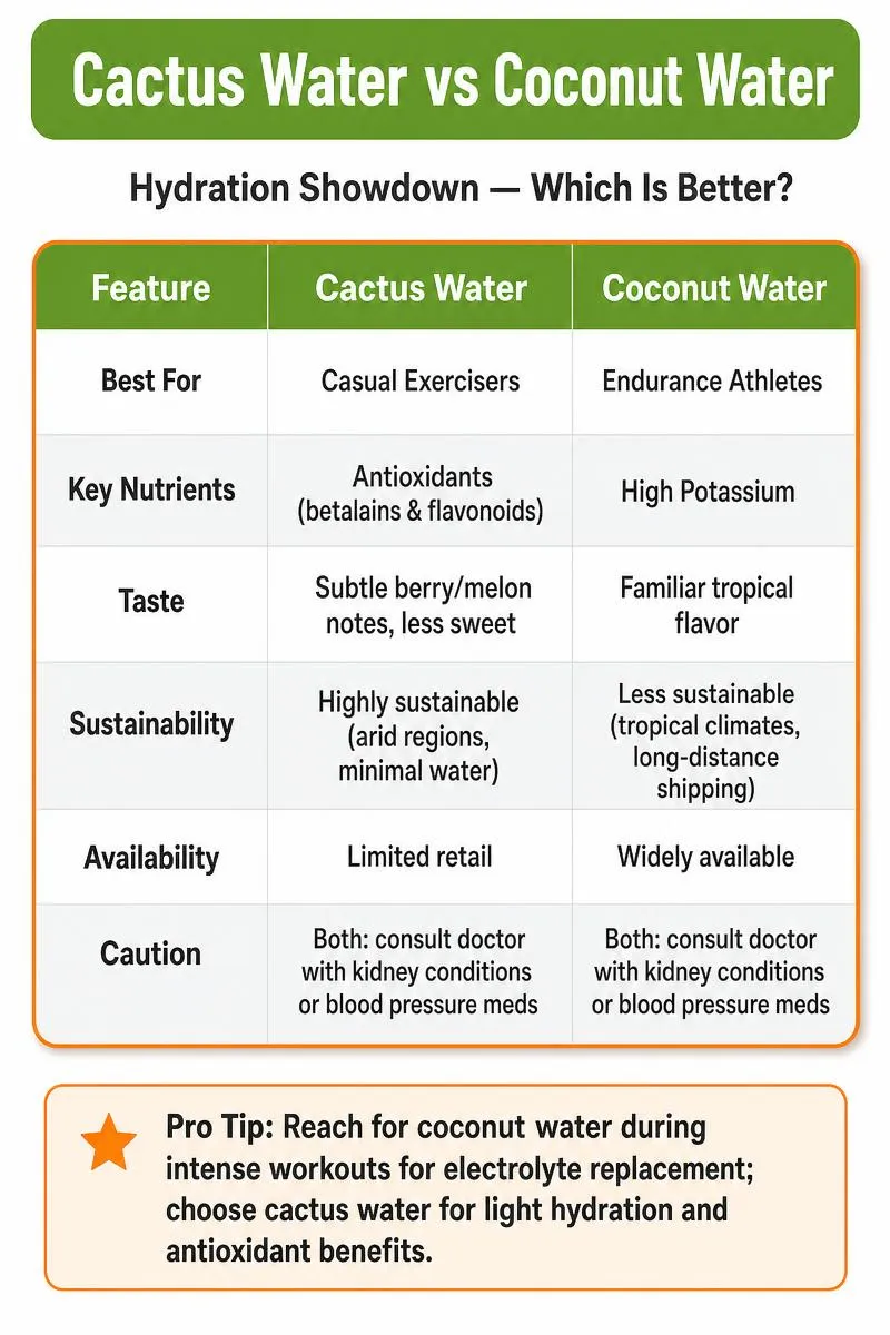Infographic comparing cactus water vs coconut water on hydration, nutrients, taste, sustainability, and availability with a practical tip