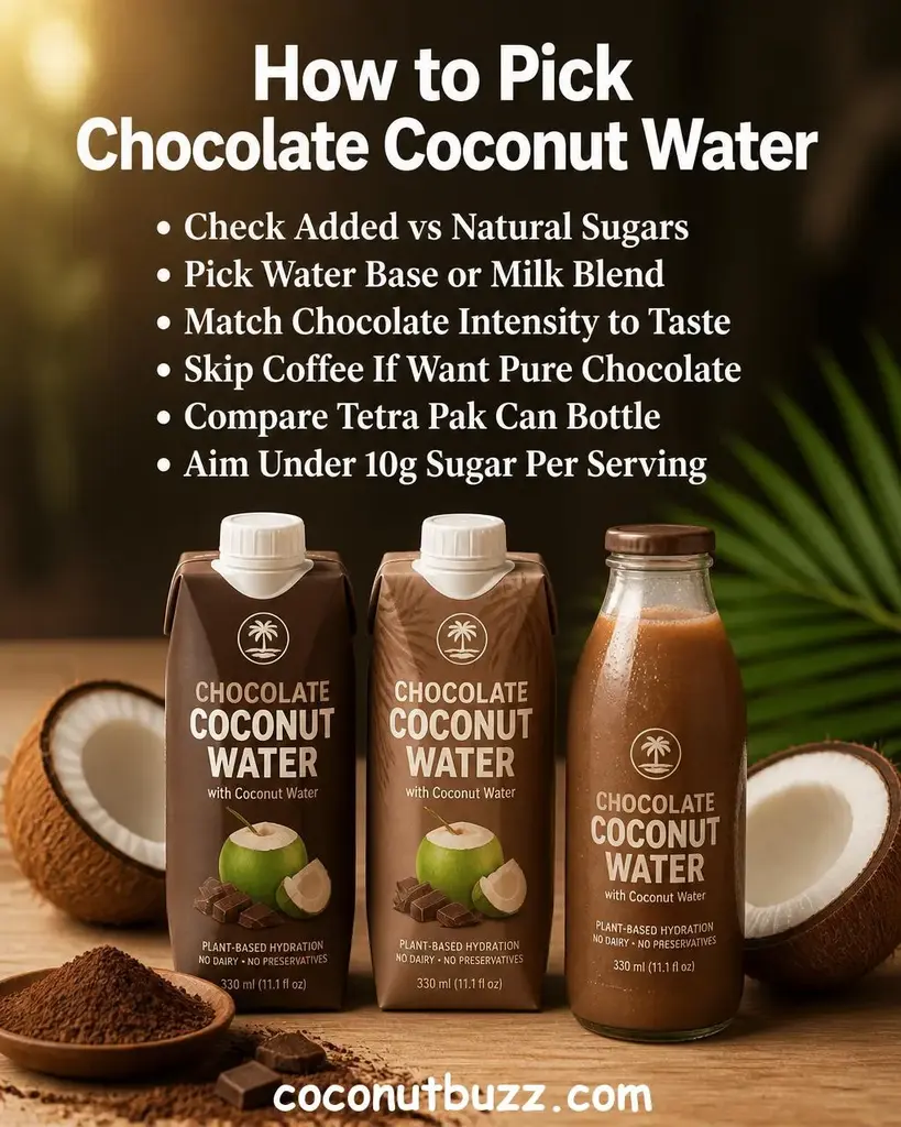 Chocolate coconut water cartons and bottles with halved coconut, cocoa powder, and palm leaf on warm light wood surface - best chocolate coconut water