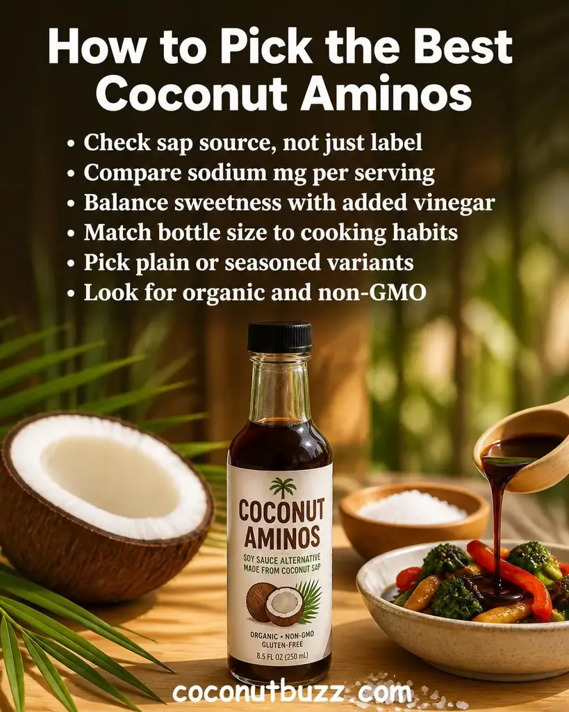 Glass bottle of dark amber coconut aminos sauce surrounded by halved coconut, palm leaf, sea salt bowl, and stir-fry vegetables on warm light wood surface with bright natural light - best coconut aminos