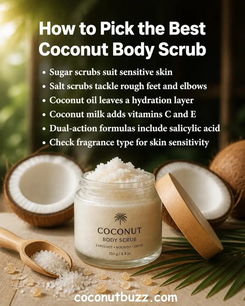 Frosted glass jar of coconut body scrub with visible sugar granules, surrounded by halved coconuts, raw sugar crystals, palm leaf, and wooden scoop on warm light wood surface - best coconut body scrub