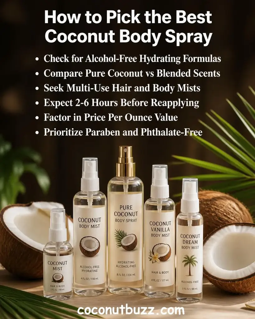 Several coconut body spray mist bottles of varying sizes arranged on warm light wood surface with halved coconut, fresh palm leaf, and soft natural bokeh background - best coconut body spray picks