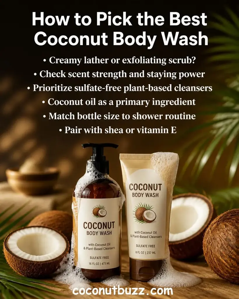 Two coconut body wash bottles with creamy lather suds, halved coconut, and palm leaf on warm light wood surface with soft bokeh background - best coconut body wash