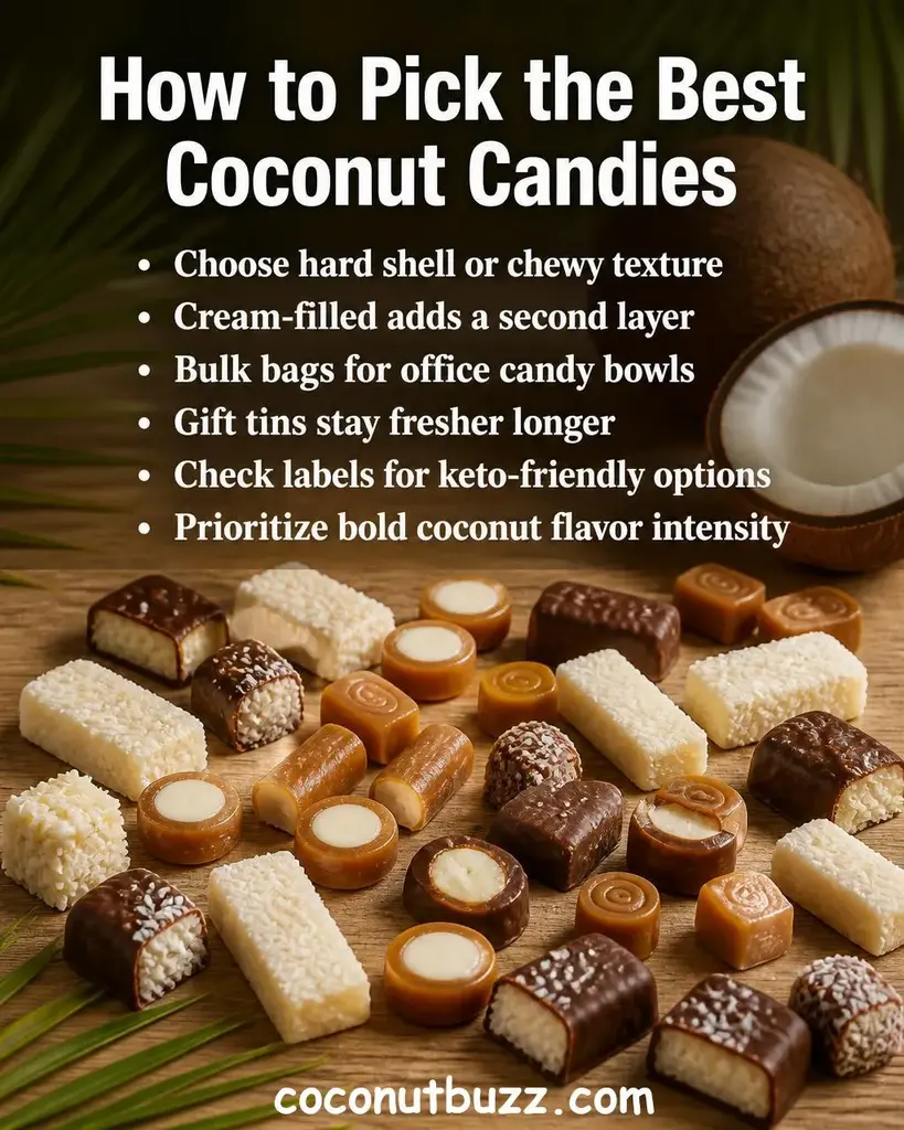 Assorted coconut candies including hard candies, chewy bars, and caramel rolls scattered on light wood surface with halved coconut and palm leaf in bright natural light - best coconut candies