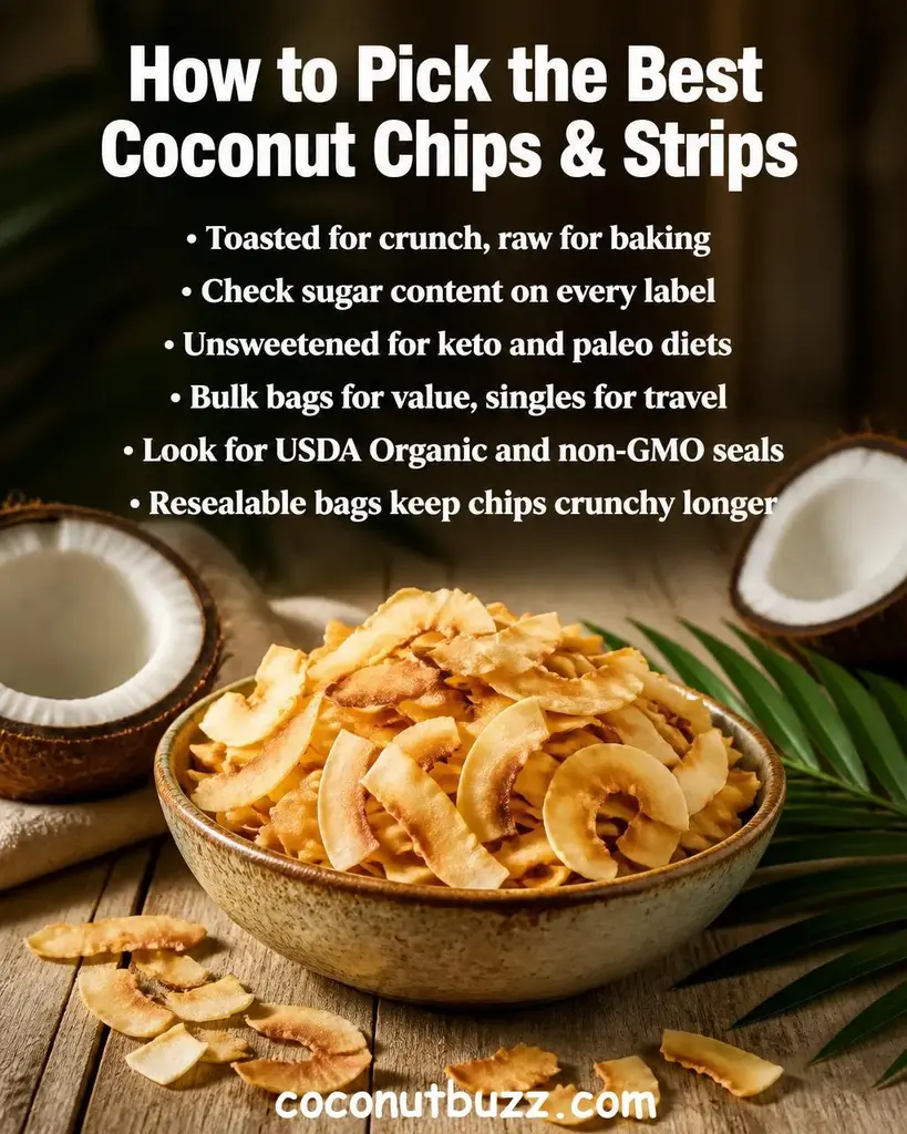 Scattered coconut chips and strips in a ceramic bowl beside halved coconuts and a palm leaf on a warm light wood surface with soft natural light - coconut chips & strips