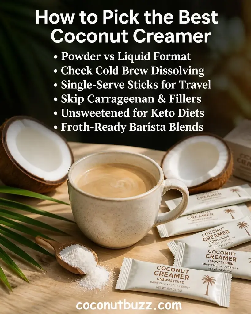 Coffee mug with creamy coffee, white coconut creamer powder, coconut halves, palm leaf, and single-serve stick packs on light wood surface with warm natural light - best coconut creamer for coffee