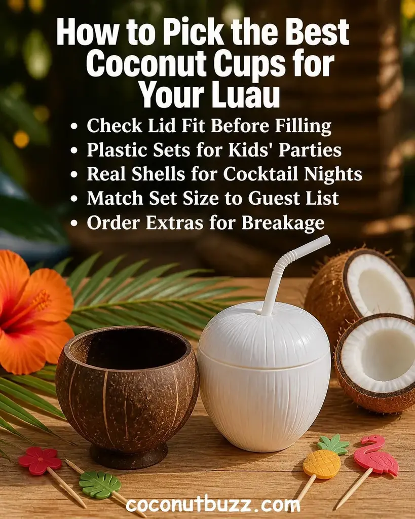 Brown coconut shell cup and white plastic coconut-shaped cup with bendable straw on warm light wood surface, halved coconut, green palm leaf, orange hibiscus flower accents, soft natural light with bokeh background - best coconut cups for luau party drinks