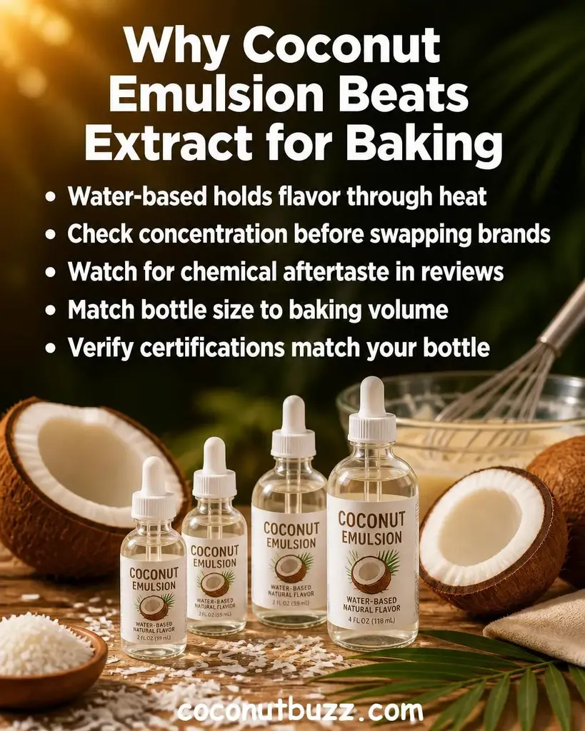 Clear coconut emulsion bottles with dropper caps beside halved coconuts and palm leaf on warm light wood surface, soft natural light with bokeh background - best coconut emulsion for baking