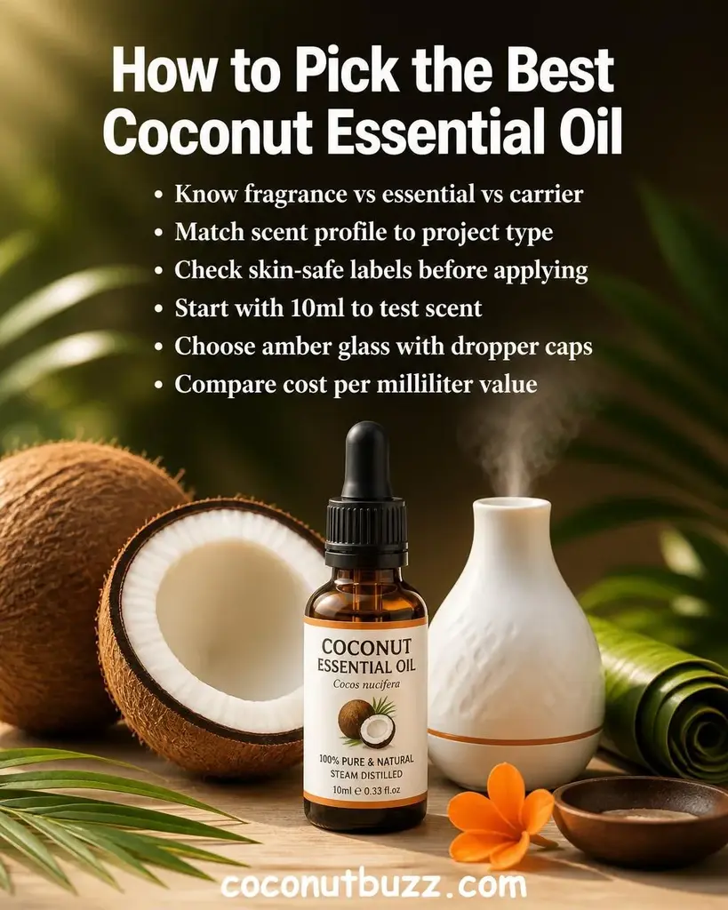 Amber glass dropper bottle of coconut essential oil beside a halved coconut, small white diffuser, and palm leaf on warm light wood surface with bright natural light - coconut essential oil