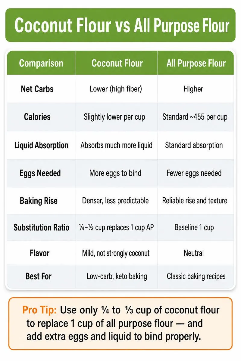 Infographic comparing coconut flour vs all purpose flour: carbs, calories, baking behavior, substitution, and taste differences