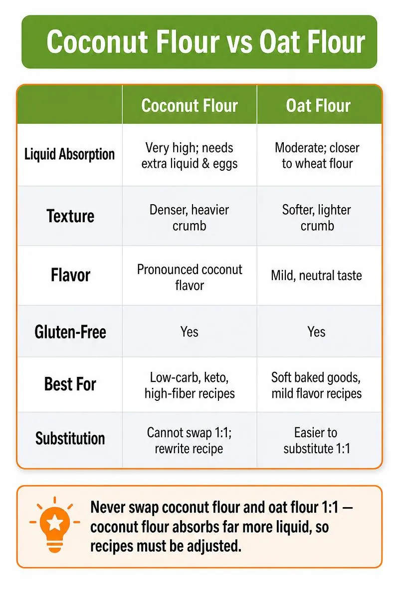 Infographic comparing coconut flour vs oat flour: absorption, texture, flavor, nutrition, and baking substitution differences.