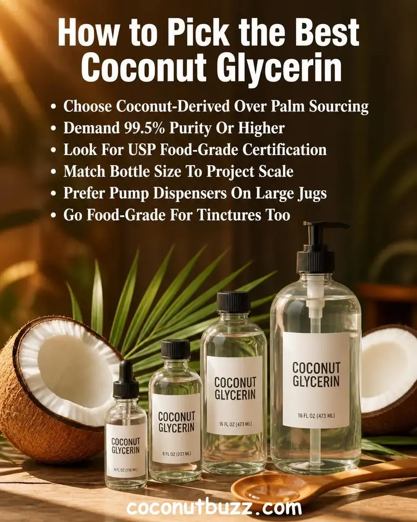 Clear glass glycerin bottles of various sizes arranged with halved coconut and green palm leaf on warm light wood surface with orange and brown accents - best coconut glycerin
