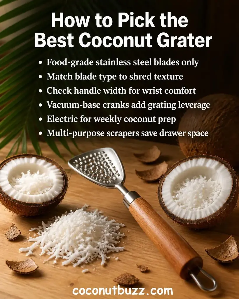 Stainless steel handheld coconut grater with wooden handle beside two halved coconuts with shredded white meat, green palm leaf, on warm light wood surface with natural light - best coconut graters
