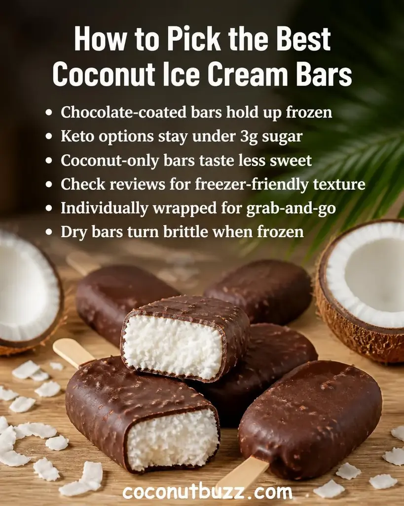 Chocolate-coated coconut ice cream bars on a light wood surface with halved coconut, palm leaf, and soft natural bokeh background - best coconut ice cream bars
