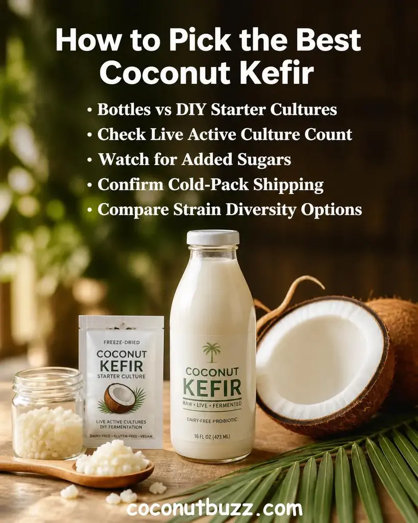 Glass bottle of creamy coconut kefir surrounded by kefir grains on a wooden spoon, starter culture packet, fresh coconut halves, and a green palm leaf on warm light wood surface with bright natural light - best coconut kefir for gut health