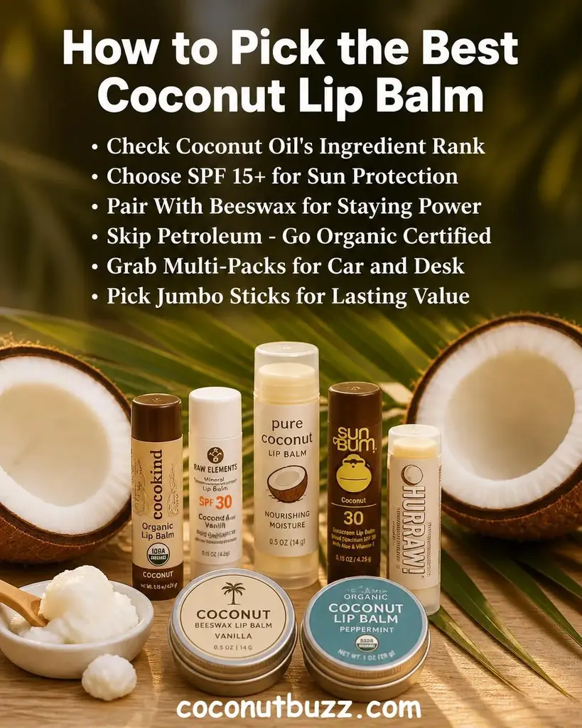 Assorted lip balm tubes and tins of varying sizes with two halved coconuts showing white flesh, a green palm leaf, and a small dish of coconut oil on a warm light wood surface with soft golden bokeh background - best coconut lip balm picks