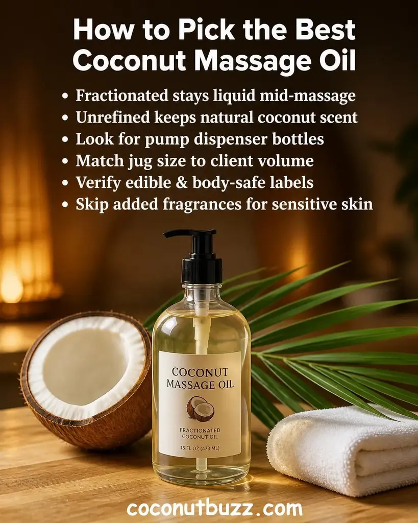 Glass massage oil bottle with pump dispenser next to halved coconut and palm leaf on warm light wood surface with soft natural bokeh background - best coconut massage oil