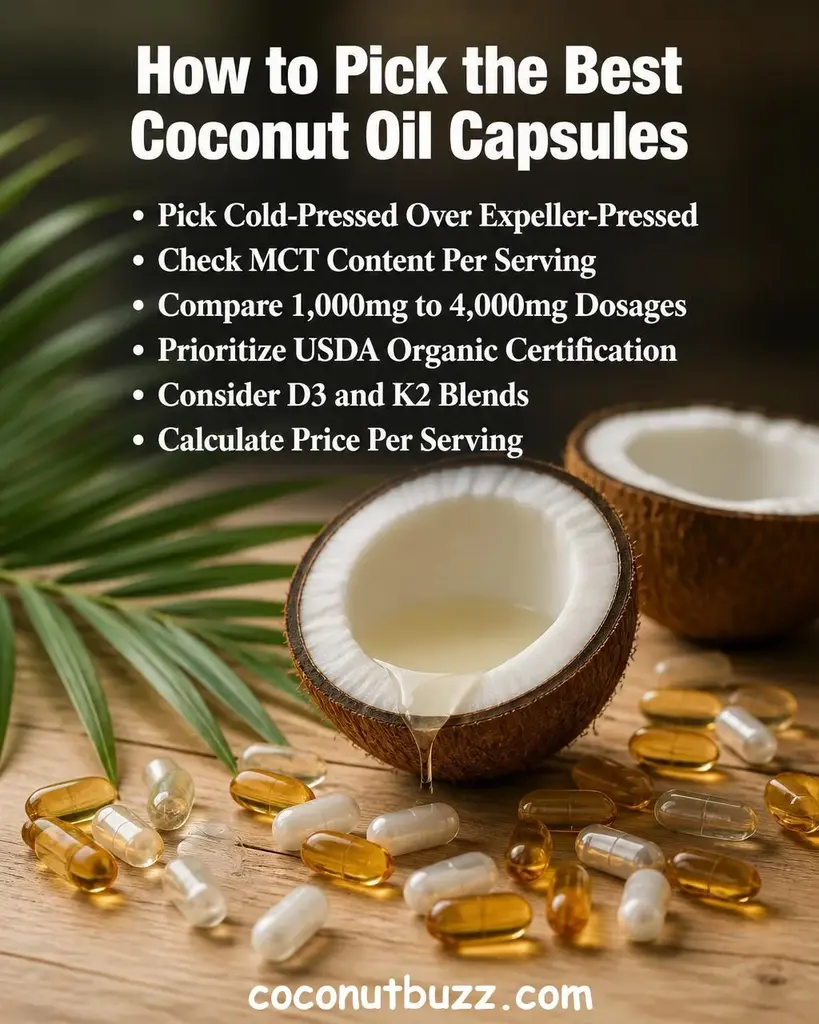 Amber and white softgel capsules arranged around a halved coconut with oil sheen, green palm leaf, on warm light wood surface with bright natural light and soft bokeh background - coconut oil capsules