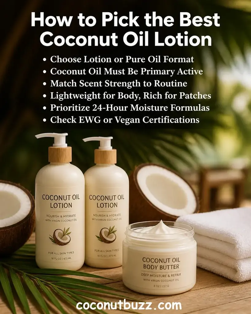 Two cream-colored pump bottles and one open jar of white body butter on warm light wood surface with halved coconut, palm leaf, and folded white towels nearby in soft natural light - best coconut oil lotions for deeply hydrated skin