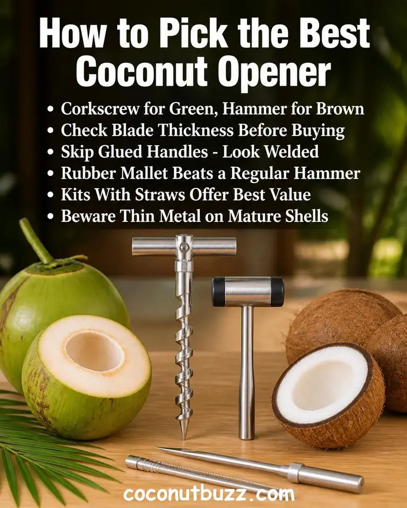 Stainless steel coconut opener tool with corkscrew blade and rubber mallet beside whole and halved coconuts with a green palm leaf on warm light wood surface in bright natural light - best coconut opener