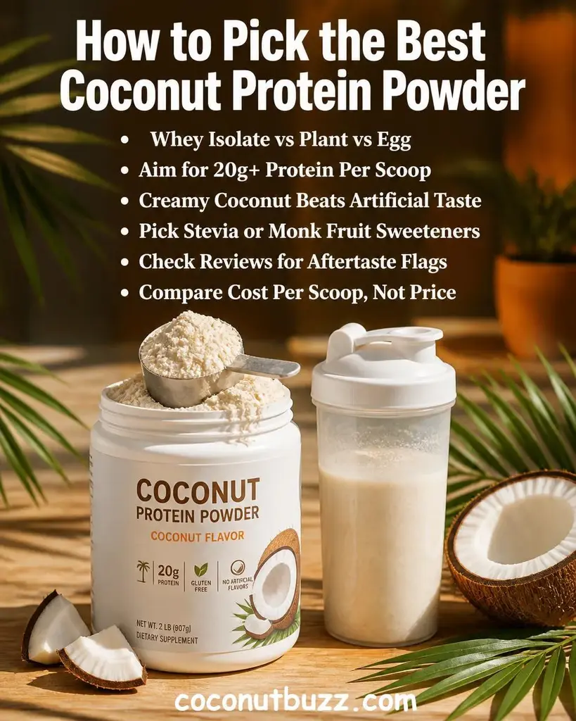 Coconut protein powder scoop and shaker bottle with halved coconut, palm leaf, and scattered protein powder on warm light wood surface in orange and brown tropical tones - best coconut protein powder