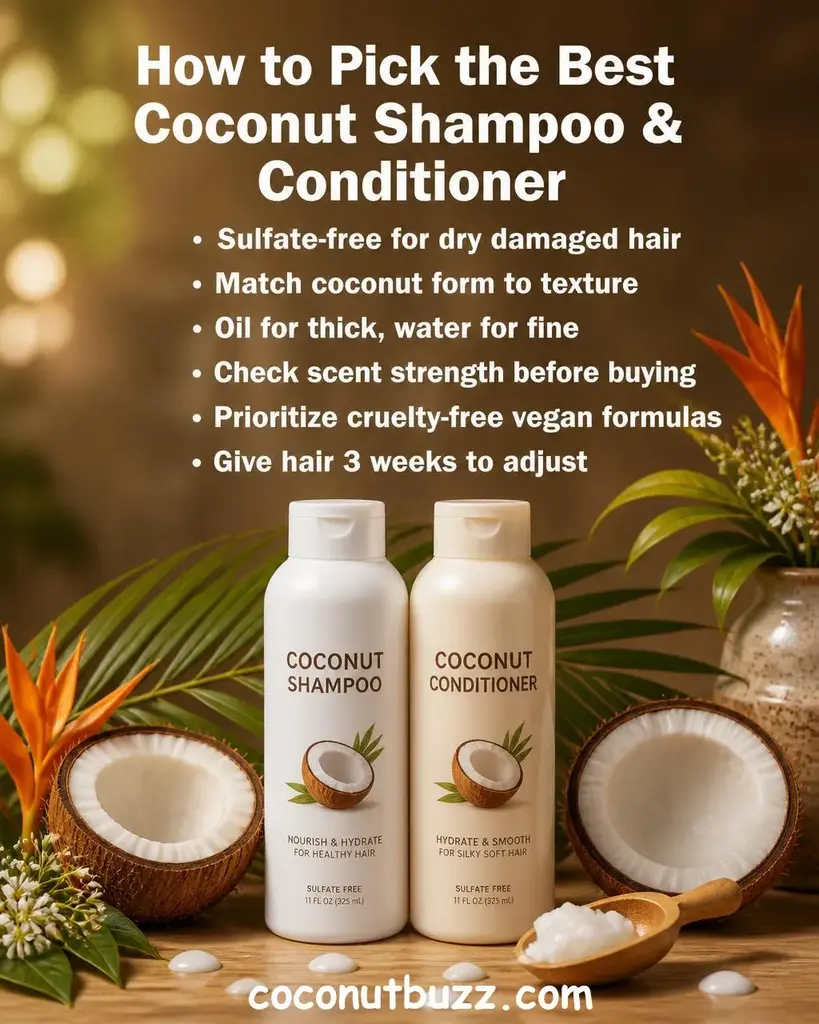 Two shampoo and conditioner bottles in cream packaging beside halved coconuts, palm leaf, and coconut oil scoop on warm light wood surface - best coconut shampoo and conditioner