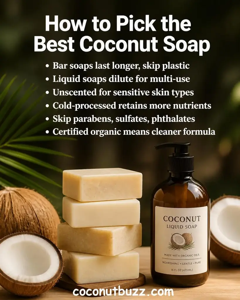 Stacked coconut soap bars and amber pump bottle of liquid soap beside halved coconut and green palm leaf on warm light wood surface - best coconut soaps