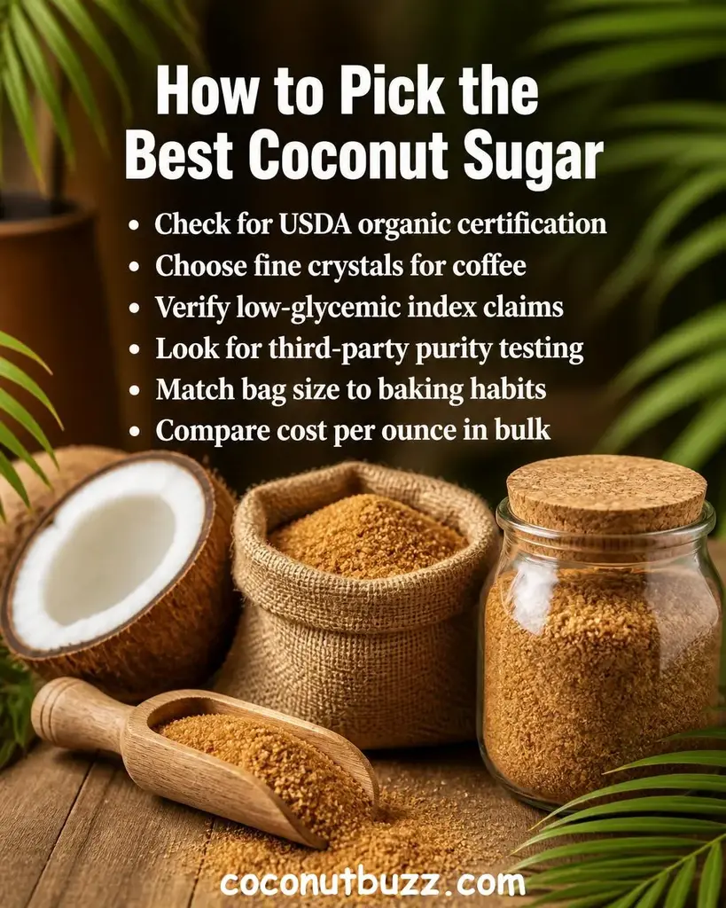 Wooden scoop filled with golden-brown coconut sugar beside burlap bag, glass jar, halved coconut, and green palm leaf on warm light wood surface with soft natural light - best coconut sugar