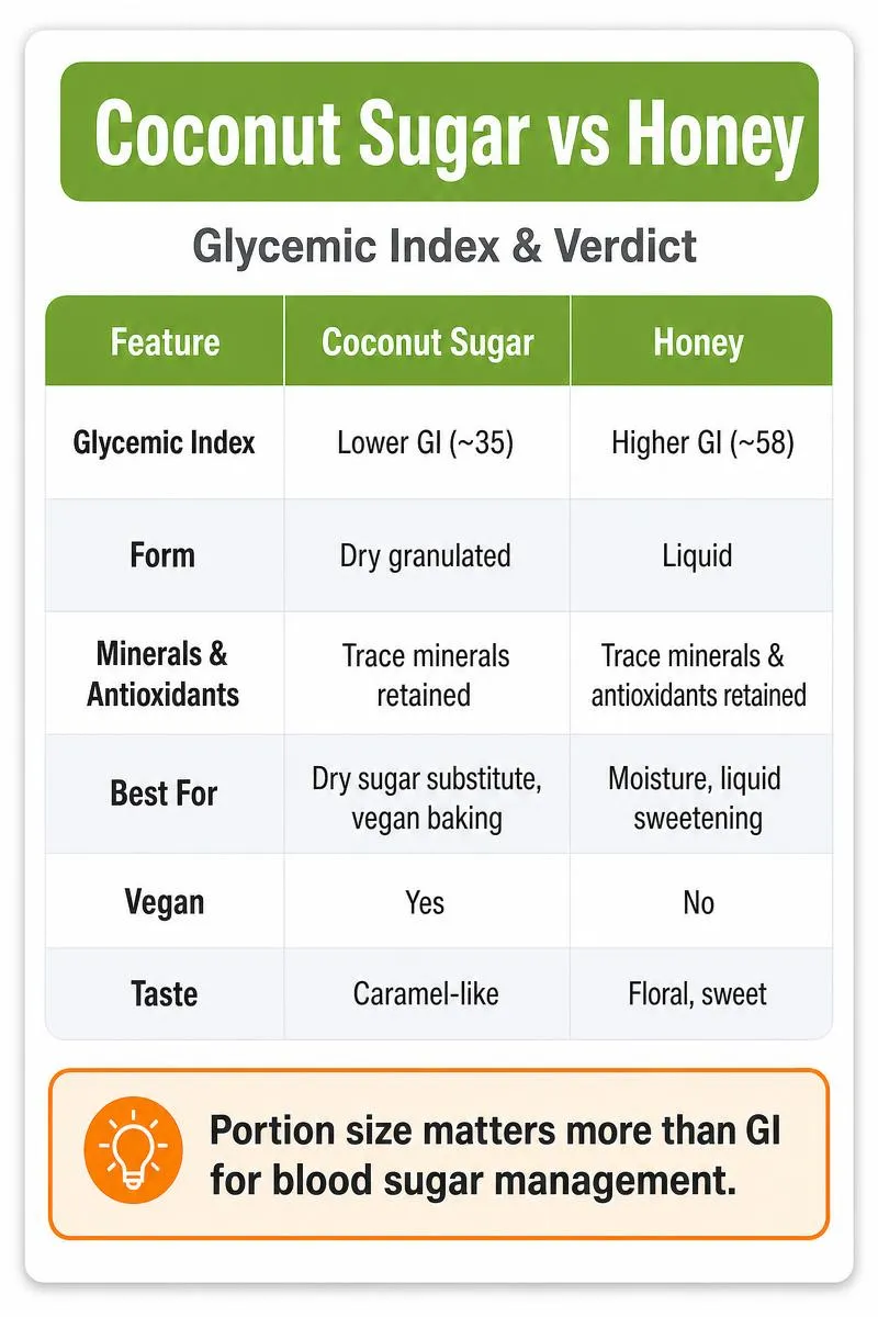 Infographic comparing coconut sugar vs honey on glycemic index, form, nutrients, taste, and best uses with a bottom tip on portion size