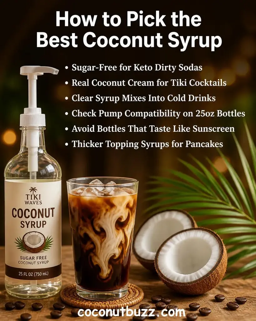 Clear glass coconut syrup bottle with bar pump next to iced coffee glass with syrup drizzle, halved coconuts and green palm leaf on warm wood surface with scattered coffee beans and orange-toned lighting - best coconut syrup