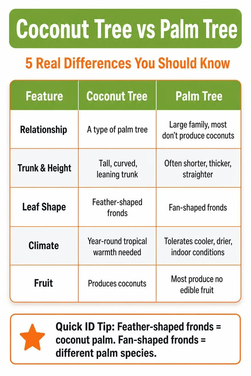 Infographic comparing coconut trees vs palm trees: relationship, trunk, leaves, climate, and fruit production differences with ID tip.