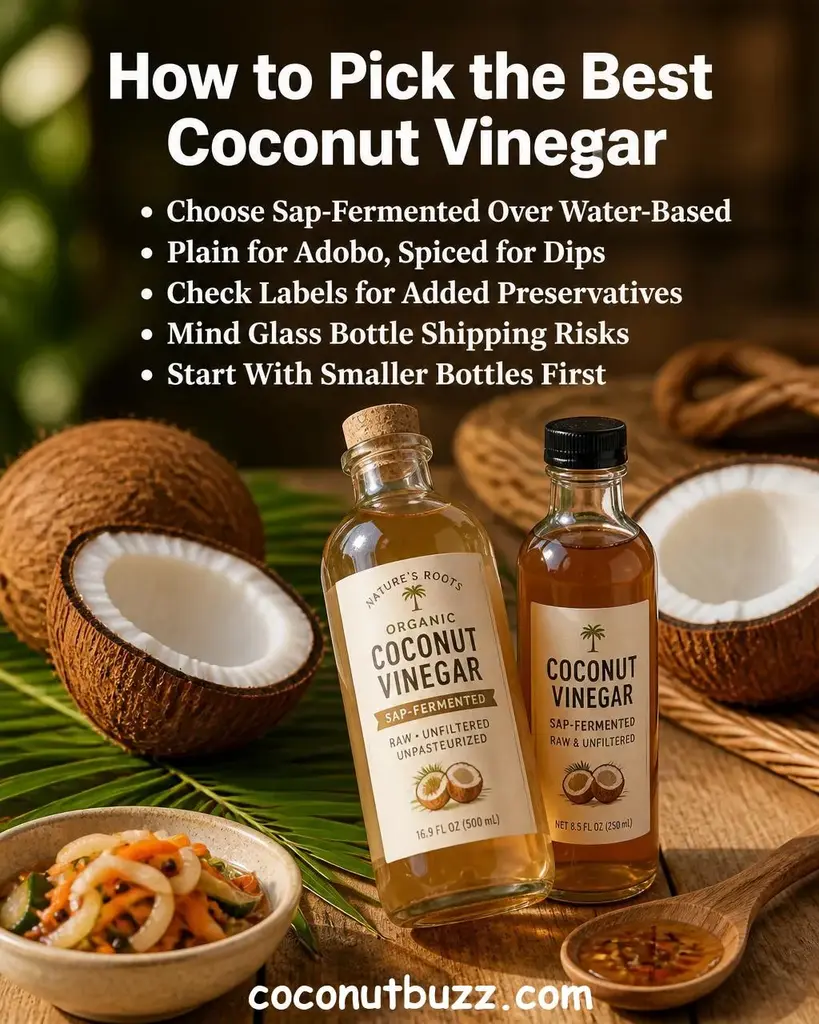 Two glass bottles of coconut vinegar with cork and cap stoppers beside halved coconut and green palm leaf on warm light wood surface with soft natural bokeh background - best coconut vinegar
